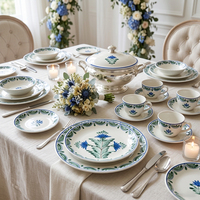 Service de table en céramique peinte à la main de style bohème moderne, bordure verte, assiettes en porcelaine, pour mariage, hôtel, restaurant, service de gâteaux