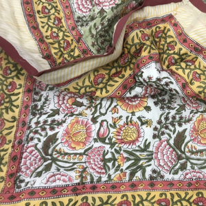 Hand Block Printed Cotton Quilted Double <b>Bed</b> Jaipuri <b>Quilt</b> With Floral Prints - Product Image 1