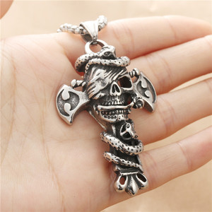 Men's Tibetan <b>Silver</b> Cross Skull Pendant With <b>Snake</b> Design Fashion Necklace 19096 - Product Image 3