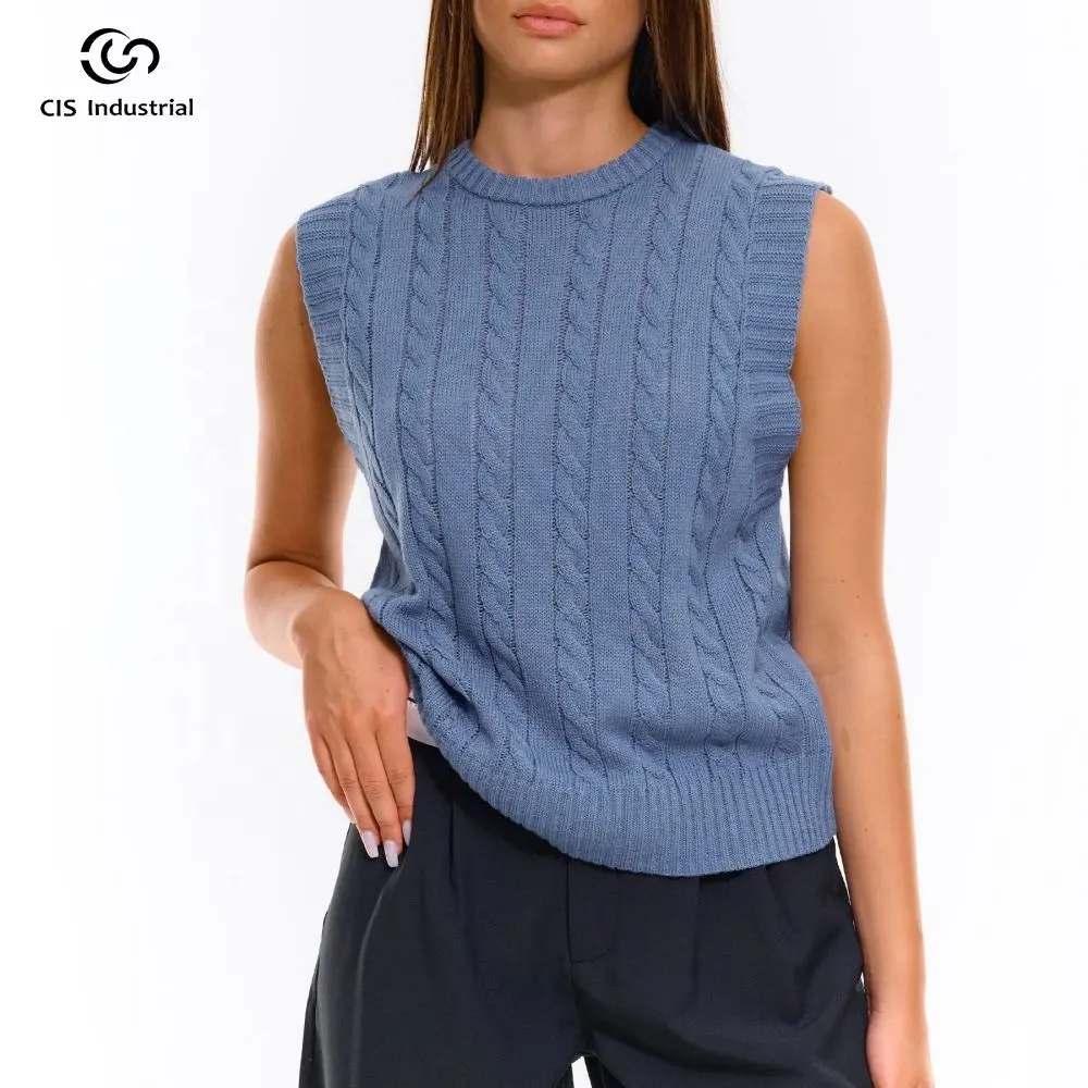 Vente en gros de pull tricoté de haute qualité pull col rond gilet femme hiver décontracté sans manches torsion crochet aiguille débardeur