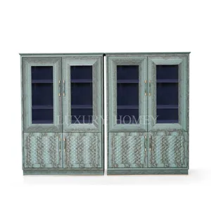 2024 Hot Design Italian Wooden Glass Wine Cabinet Luxury Storage Book Display Modern Blue White Bookcases with Drawers MB05-020