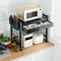 Support de four à micro-ondes en aluminium noir à 2 niveaux, étagère d'angle pour four à micro-ondes avec tiroir