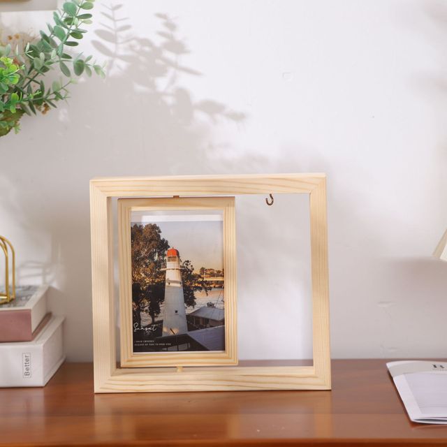 Creative Solid Wood Double-Sided Rotating Photo Frame with Dried Flowers Model 002 (23x21x4.8cm) Desktop Ornament