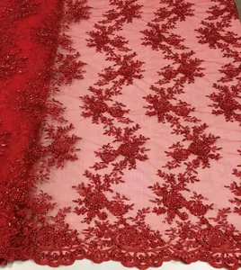 luxury red lace dress fabric allover heavy hand beaded sequins embroidery lace fabric for party dress evening dress