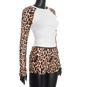 Conjunto de <span class=keywords><strong>2</strong></span> Piezas con Estampado de Leopardo para Mujer, Top Corto de Manga Larga con Parches de Color y Pantalones Cortos - Product Image 5
