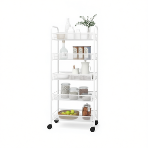 White 5 Tier <b>Kitchen</b> Trolley 18.1x10.2x41.3 Inch Iron <b>Storage</b> Rack With Wheels For <b>Kitchen</b> Organization - Product Image 1