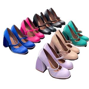 Zapatos de Tacón Grueso de Satén de 8.5cm para Mujer, con Punta Redonda y Tiras, Directo de Fábrica OEM - Product Image 1