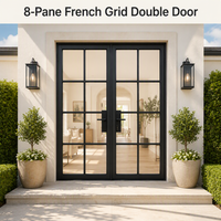 Porte double française noire à 8 panneaux avec grille en verre transparent et cadre en métal noir mat, pour intérieur et extérieur, idéale pour maison moderne américaine et patio