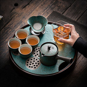 ชุดถาดชาเซรามิครูปทรงกลมลายดอก<span class=keywords><strong>บัว</strong></span> พร้อมที่เก็บน้ำ ชุดกงฟูครบชุดสำหรับพิธีชงชาที่บ้าน สำนักงาน ห้องนั่งเล่น - Product Image 4