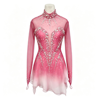 Robe de patinage artistique à dégradé rose et blanc avec strass, col montant, manches longues, en maille, pour compétition et spectacle sur glace, pour adultes et enfants