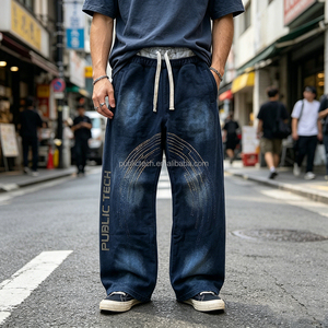 Pantalones de chándal anchos de doble cintura con logo de diamantes de imitación personalizados, estilo vintage, desgastados, con efecto lavado al sol y Monkey Wash para hombre - Product Image 3