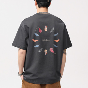 Camiseta de Manga Corta para Hombre, Cuello Redondo, 100% Algodón, 230g, Estampado Digital de Plumas en la Espalda, Anti-Pilling, Tejido Casual, Directo de Fábrica - Product Image 3