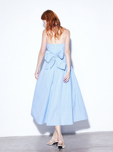 OEM Woven Cotton <strong>Blue</strong> <strong>White</strong> <strong>Striped</strong> Summer V-neck High Waist Large Swing Style Tie-Up Women's Sexy Strap <strong>Dress</strong> - Product Image 2