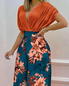 Verano estampado personalizado de talla grande con cuello en V mujeres traje Casual señoras Color sólido sin mangas obeso dos 2 piezas conjunto Mono para Wome - Product Image 3