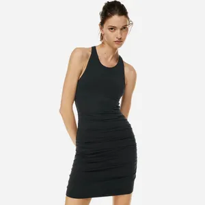 Crew Neckline Racer Back All Over Ruching Sexy Hot Black Dresses Women