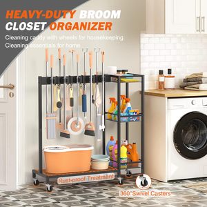 Soporte para escobas con organizador de suministros de limpieza, <span class=keywords><strong>armario</strong></span> de almacenamiento para escobas con carrito de limpieza, carrito de limpieza - Product Image 6