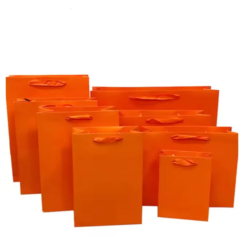 Sacola de papelão para venda de produtos de luxo, sacola euro para embalagem, sacola de papel artístico com estampa laranja de 12*5.7*16 cm