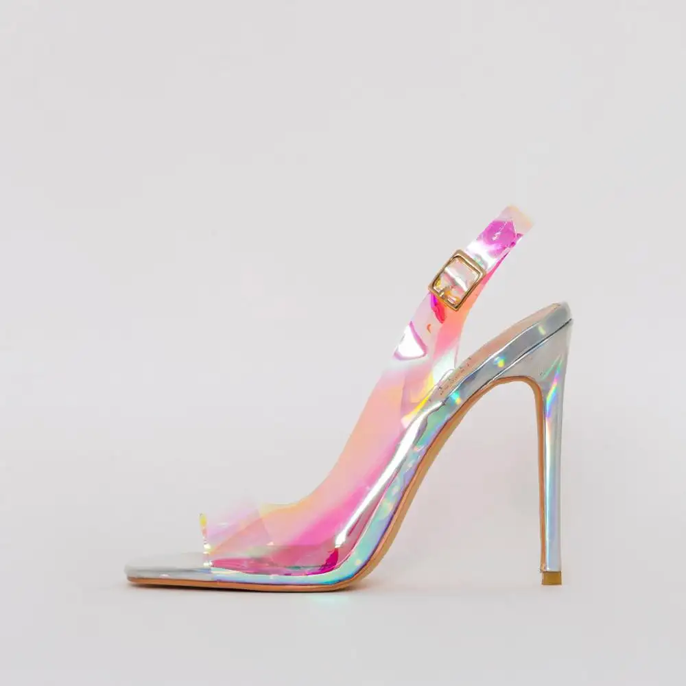 EnmayerシューズSILVER IRIDESCENT PVC SLINGBACKHEELSファッションハイヒールサンダル女性と女性用