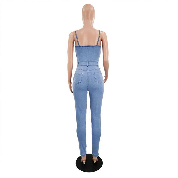 2021 Spring dropship fashion style plain denim one piece jumpsuit women