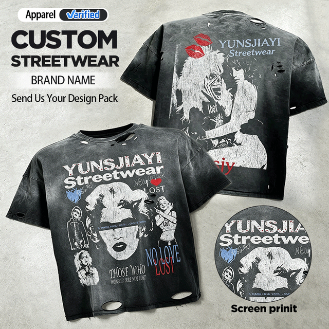 OEM Mens Vintage Washed Graphic T-Shirt, Distressed Oversized Streetwear Tee, Retro Punk Style Shirt, With Digital Printing
