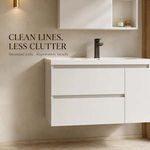 Meuble-lavabo mural blanc en aluminium alvéolé avec miroir LED, <span class=keywords><strong>rangement</strong></span> latéral, vasque et tiroirs, et lavabo en céramique - Product Image 5