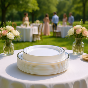 Ensemble de vaisselle jetable en plastique 350 pièces, assiettes écologiques pour fêtes, mariages, style rond décontracté - Product Image 2