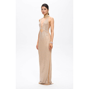 Abito lungo beige Vena con decorazioni in cristallo e cut-out - Product Image 3