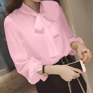 यिक्सिन S-5XL महिलाओं के ब्लाउज ठोस रंग लंबी आस्तीन वाली धनुष टाई चिफऑन रेशम ब्लाउज महिलाओं के लिए कोरियन फैशन ब्लाउज - Product Image 5