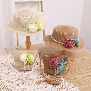 Commercio all'ingrosso alla moda di perle per bambini cappelli di paglia da sole vacanze estive borsa da spiaggia e cappello Set - Product Image 2