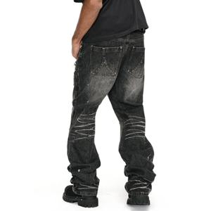 Pantalones Vaqueros de Mezclilla Pesada de Alta Calidad con Logotipo Personalizado, Lavado Desgastado, Estilo Desgastado y Roto Irregular para Hombre, Venta al por Mayor - Product Image 2