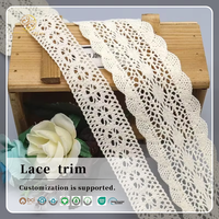 Ruban large en dentelle crochetée florale beige 100 % coton tissé, bord festonné, style bohème, pour la confection de robes