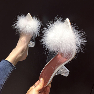 Sandales d'été en laine à bout ouvert pour femmes, talon transparent en verre, chaussures de mariée antidérapantes à bout pointu pour l'export. - Product Image 3