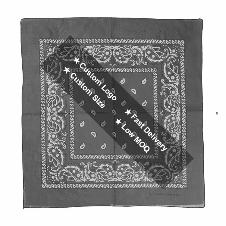 In Voorraad Goedkope Groothandel Custom Bandana Met Logo Katoen Zijden Polyester Bandana Sjaal Bedrukt Zwarte Etnische Bandana 'S