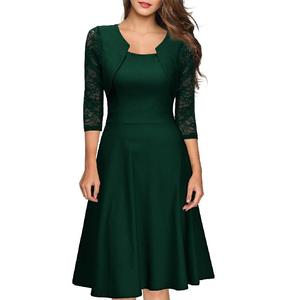 Robe mi-longue vert émeraude à manches courtes, col rond, coupe trapèze, décontractée, avec fermeture éclair au dos, pour le printemps/été, idéale pour le bureau ou les soirées, pour femme - Product Image 4