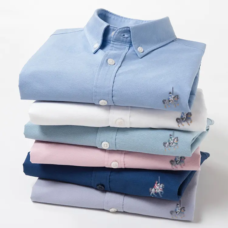 100% Cotton Oxford Plaid Solid Color Embroidery Shirt Tops Casual Long Sleeve Shirt Slim Fit Shirt Men Plus Size