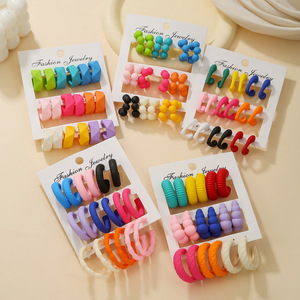 Boucles d'oreilles créoles en acrylique, bijoux fantaisie, lot de 9 paires, forme géométrique, pour femmes, style léger et luxueux - Product Image 1