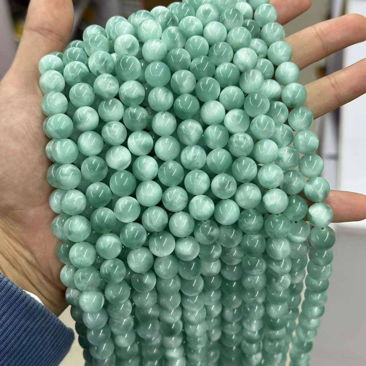 8mm Natural Green Angelite Round Beads Chatoyant Green Moonstone Gemstone  Beads Aka 