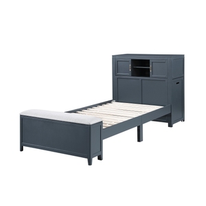 Modern Navy Blue Twin Adjustable Platform Bed Bookcase Headboard Drawers Hidden <b>Desk</b> <b>Stool</b> Footboard Storage Bench Bedroom - Product Image 5