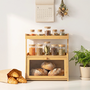 <span class=keywords><strong>Caja</strong></span> de Pan de Bambú 3 en 1 con Estante de Almacenamiento de Doble Capa y Ventana Acrílica Transparente para Organizador de Cocina - Product Image 2