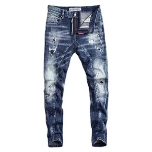 Fashion Blue Spray Lak Patch Ripped Elastische Kracht Slim Mannen Jeans