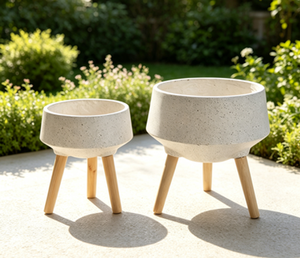 Modern Ceramic Flower Pots With <b>Wooden</b> Legs Marble Pattern Outdoor <b>Garden</b> <b>Planters</b> Minimalist Design Glazed Finish - Product Image 2