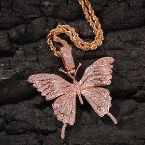 Cadena trenzada de Bata de acero inoxidable, collar con colgante de mariposa ostentoso iced out, oro rosa, venta al por mayor