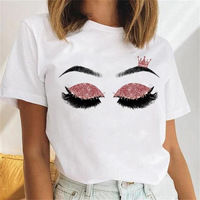 Groothandel dameskleding bedrukte grappige T-shirts cartoon wimpers dame korte mouw grafische goedkope plus size goedkope T-shirts tops