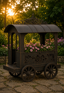 Chariot à fleurs décoratif en métal antique pour jardin, chariot à plantes vintage à roulettes, présentoir floral extérieur, décoration de patio - Product Image 4
