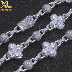 Unisex Hip Hop Jewelry <b>Copper</b> Zircon Iced Out Brilliant Cut Four Leaf Clover Spherical Cuban Link Necklace 18/24 Inches Gift - Product Image 3