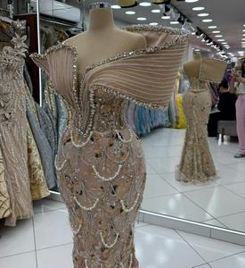 Abiti da Cerimonia Personalizzati 2026, Vestito da Sposa a Sirena con Perline Oro Champagne, Abito da Occasione con Spalle Scoperte - Product Image 2