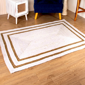 Farmhouse Striped Jute Area Rug Rectangle Flat Weave Eco Friendly Living Room Rug <b>White</b> with Brown Border - Product Image 1