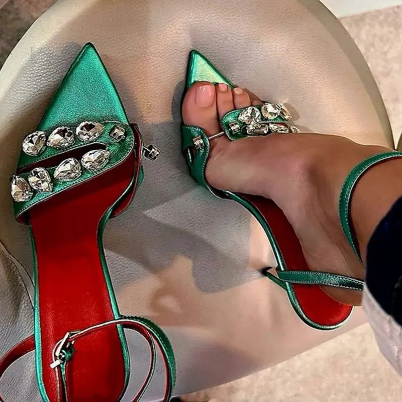अद्वितीय कस्टम शैलियों महिलाओं बड़े हीरे उच्च पतली एड़ी के सैंडल टखने का पट्टा बताया पैर की अंगुली पार्टी पोशाक जूते ऊँची एड़ी के जूते