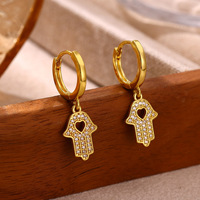 Pendientes Colgantes Clásicos de Moda Cristiana con Diseño de Ojo del Diablo en Forma de Palma de la Mano, de Acero Inoxidable con Baño de Oro Real e Incrustaciones de Zirconia