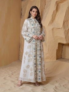 Nuova Abaya Modesta per Donne Mediorientali, Primavera-Estate, con Ricami a Foglia e Nappine, Traspirante, Lunghezza alla Caviglia, Senza Maniche, Ideale per l'Eid - Product Image 4